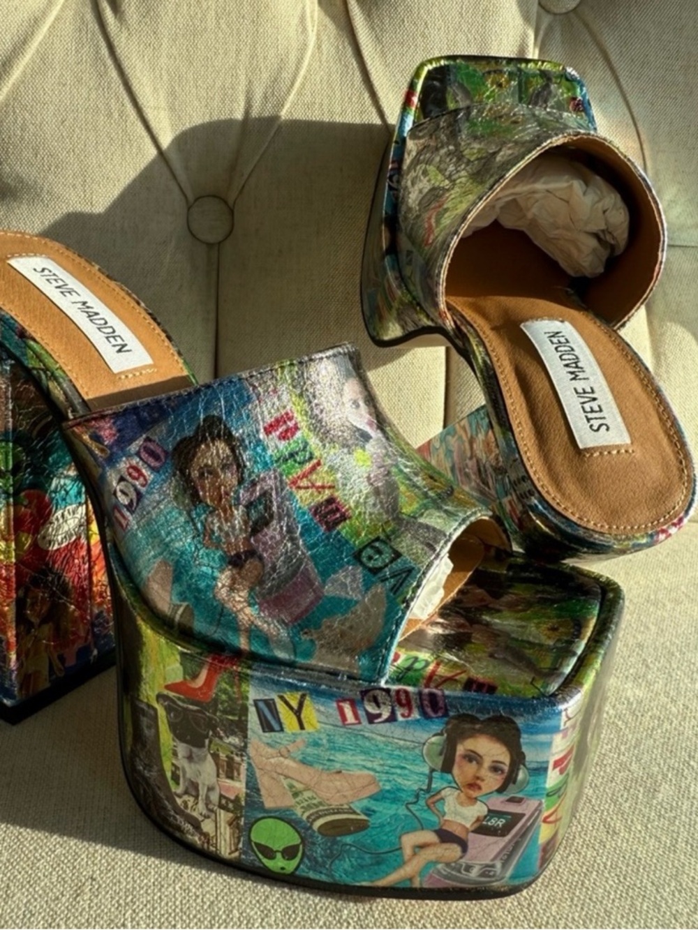 Steve Madden Multicolor Collage Platform Slide Sandals